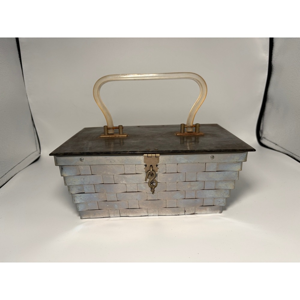 Vintage Woven Metal Box Clutch with Lucite Handle | 1950s Evening Bag - Picture 2 of 8